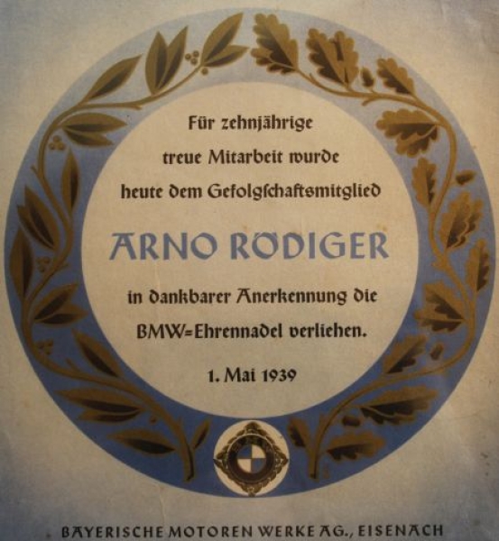 BMW Deed "10 Jahre Gefolgschaftsmitglied" May 1939 framed (8169)